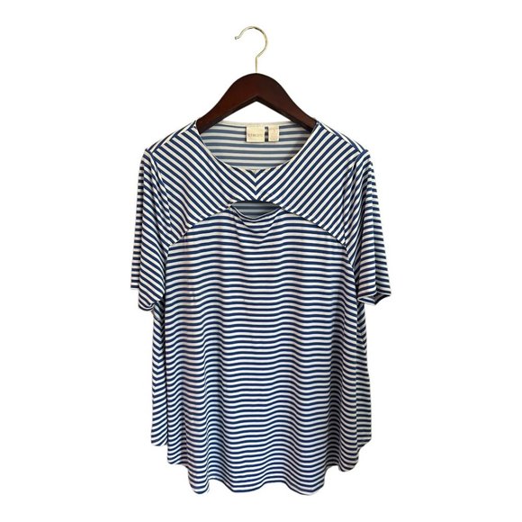 Chico's Tops - Chico's 3 Stripe Top XL Stretch Spandex Short Sleeves Comfort Keyhole Blue White